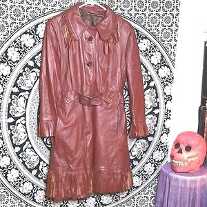 Vtg fringe leather jacket long 1970s